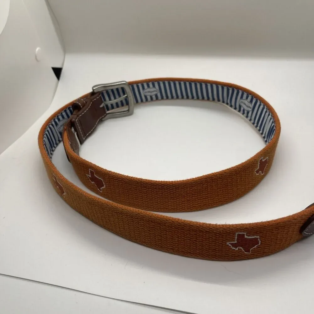 JT SPENCER Embroidered Belt Leather Canvas Brass Size 44 preppy Texas Orange